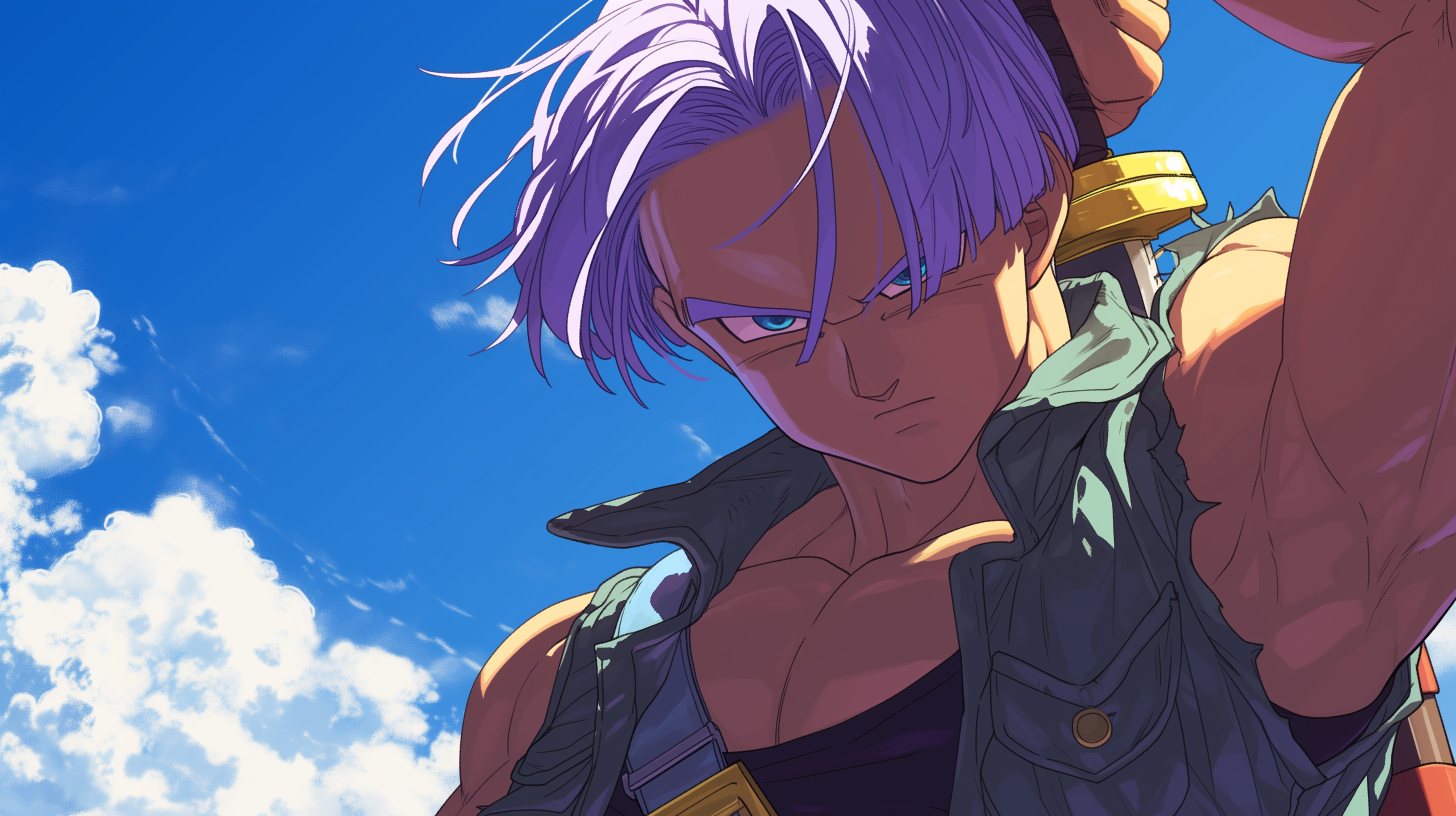 Title: Blue Sky Avenger. The Serene Focus of the Half-Saiyan 🌌🗡️