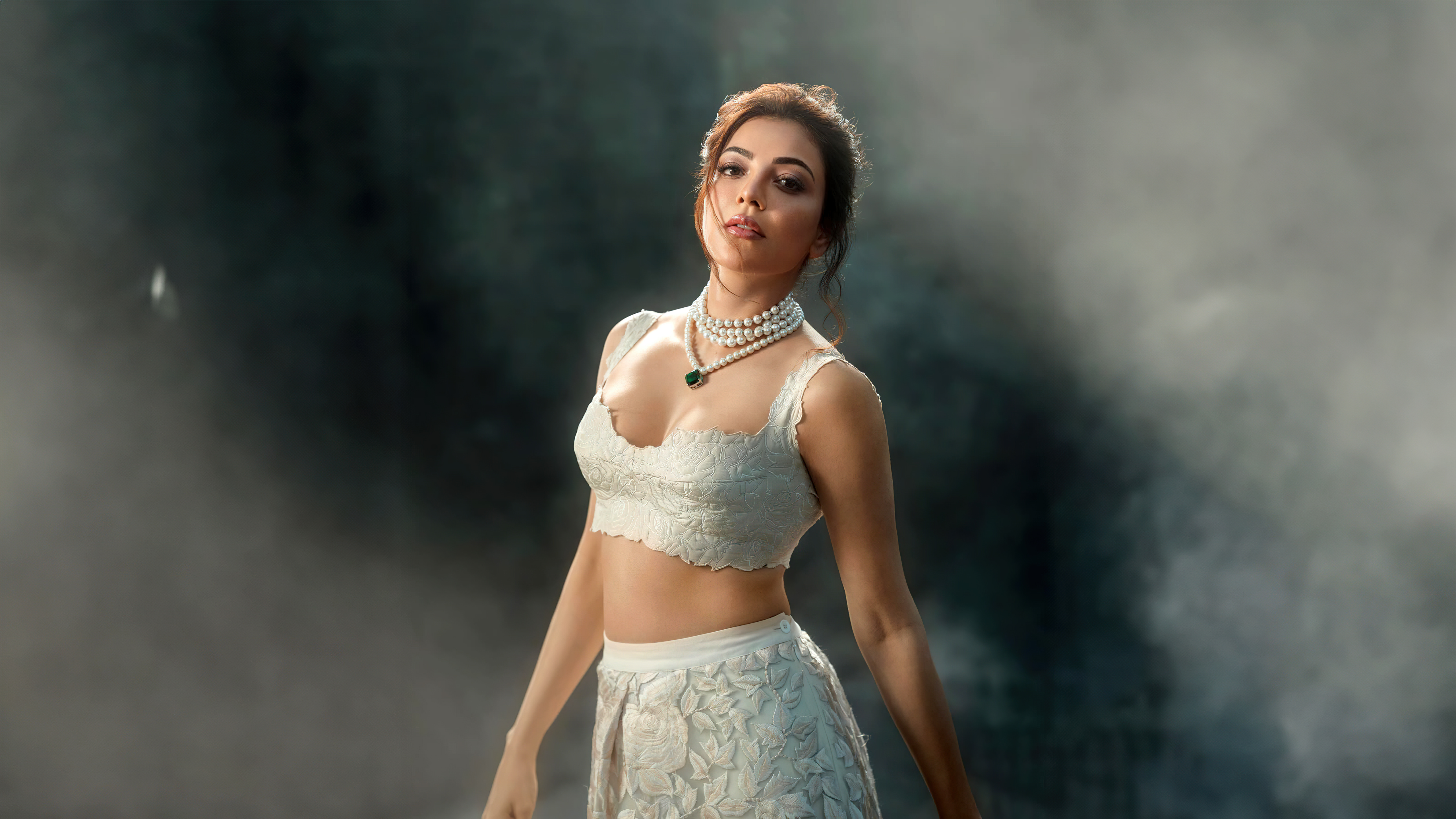 Kajal Aggarwal Ethereal White Lehenga Smoky Portrait