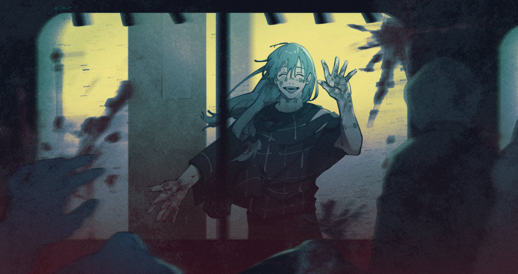 Mahito Waving Through Blood Splattered Subway Glass