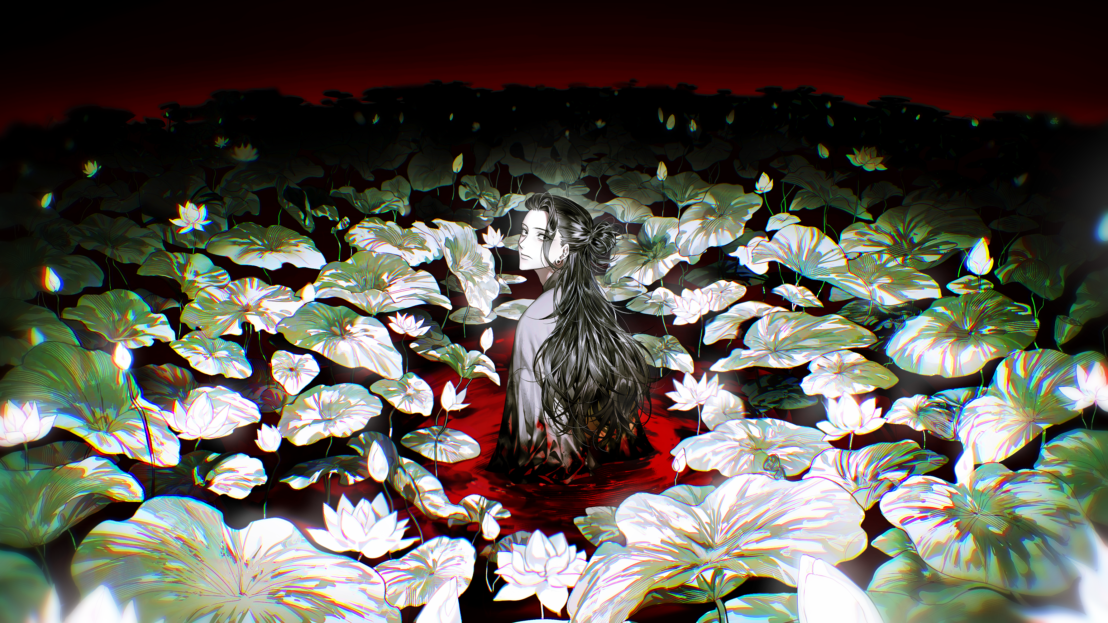 Suguru Geto In Field of Red Water Lilies