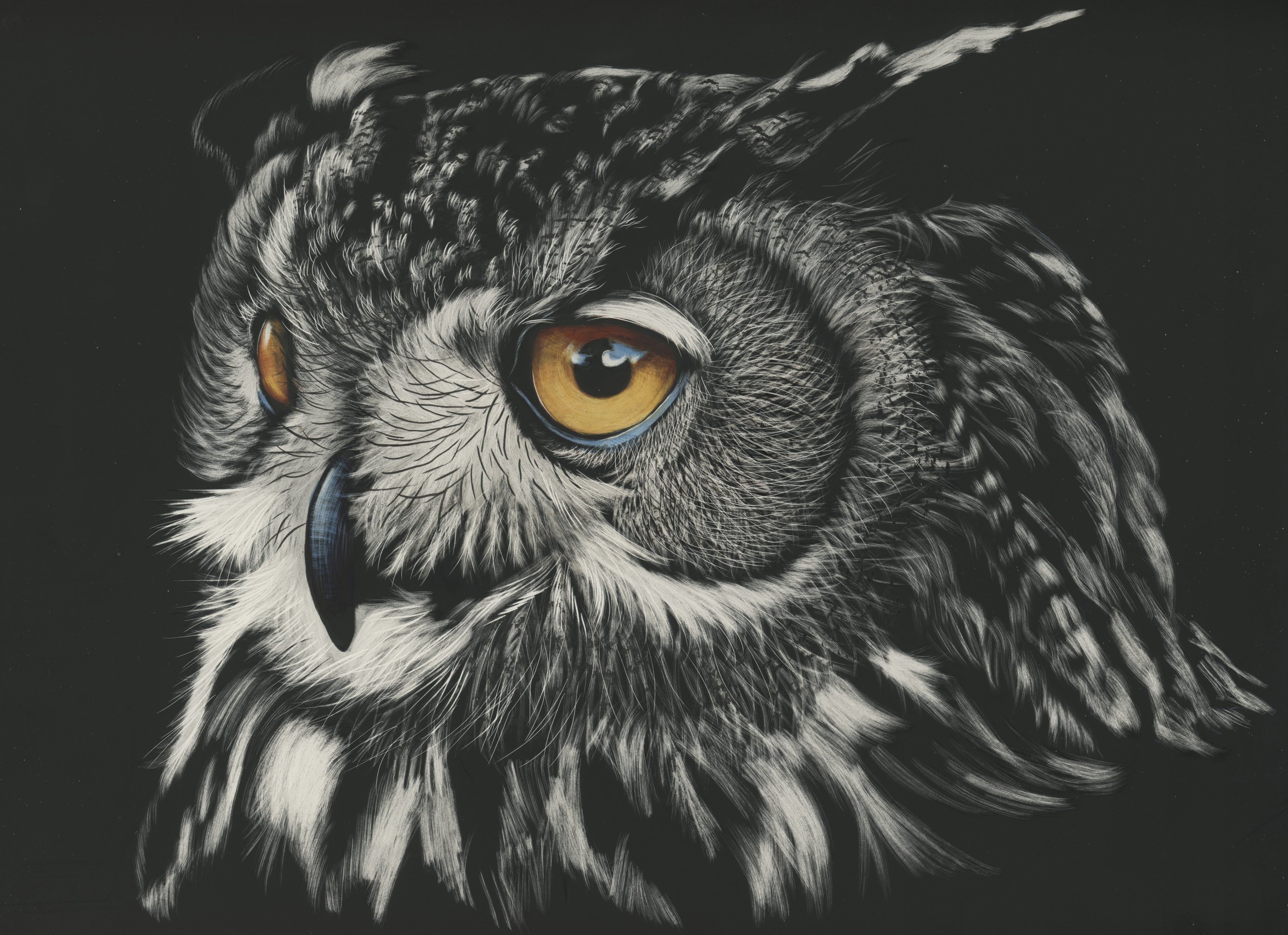 Whimsical Great Horned Owl Textured Palette Painting