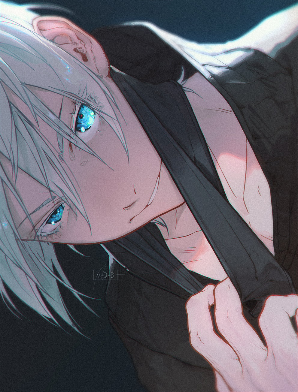 Satoru Gojo Pulling Down Collar Crystal Blue Eyes