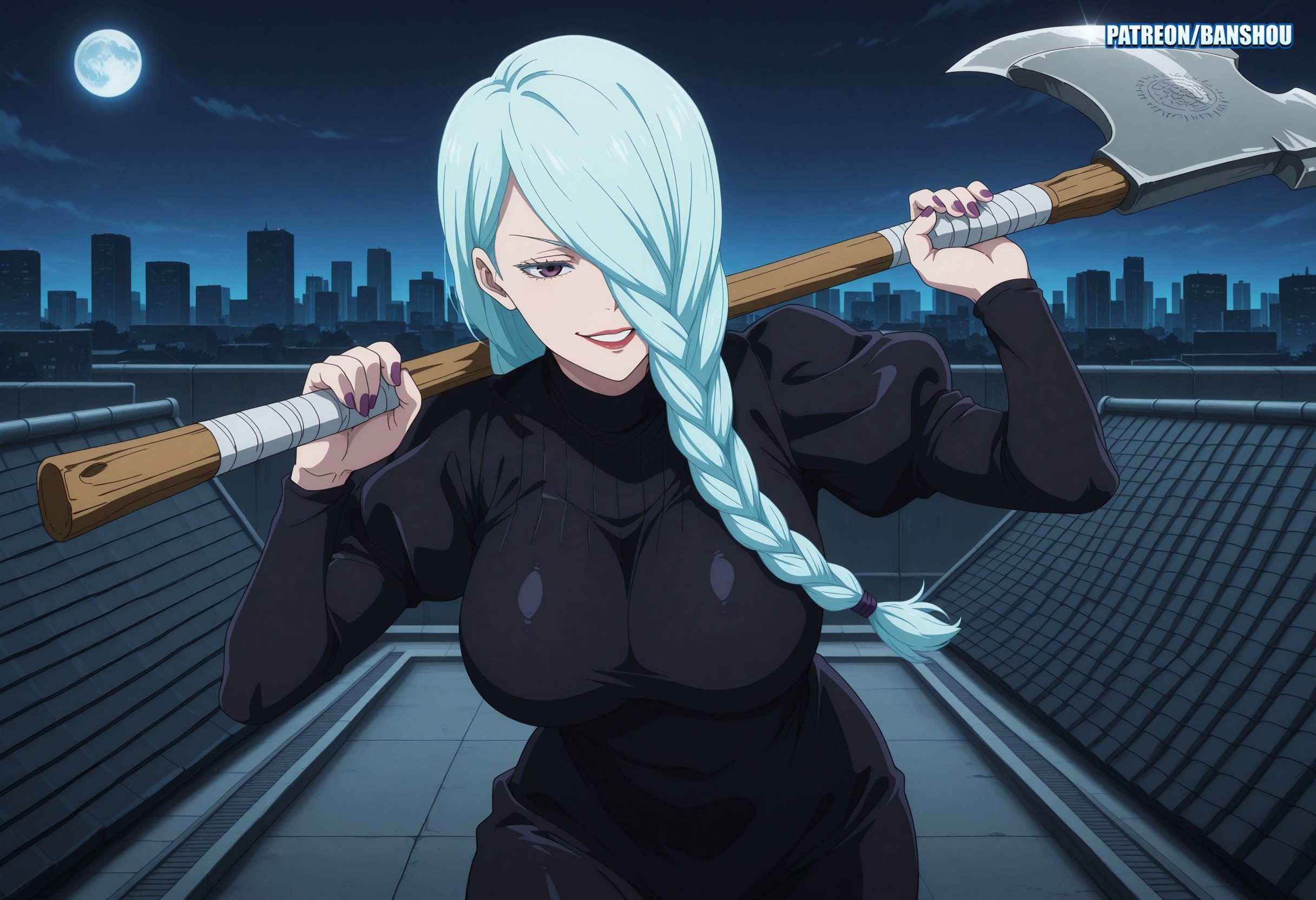 Mei Mei Holding Battle Axe on Rooftop