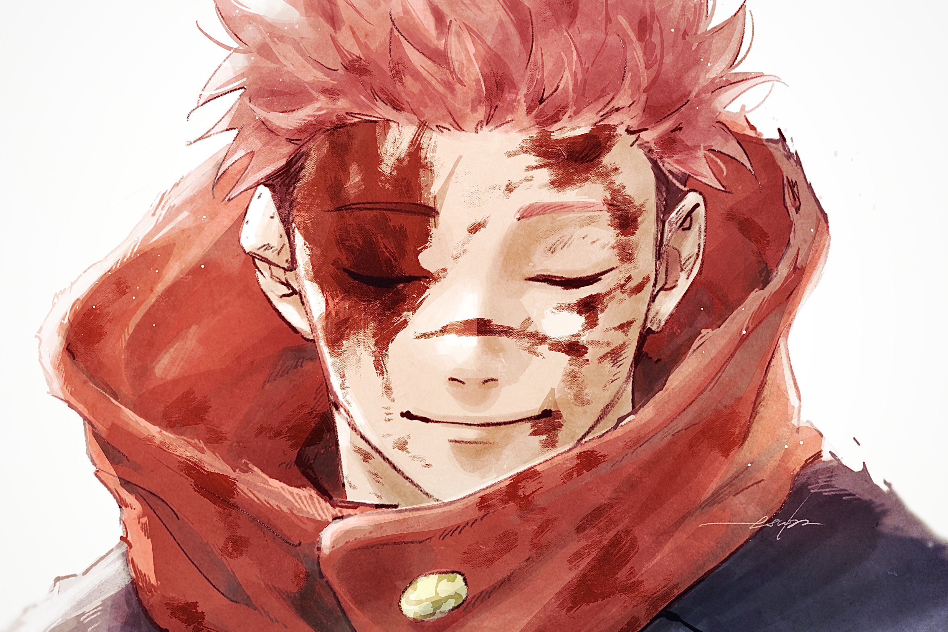 Yuji Itadori Bloodied Face Soft Smile Portrait